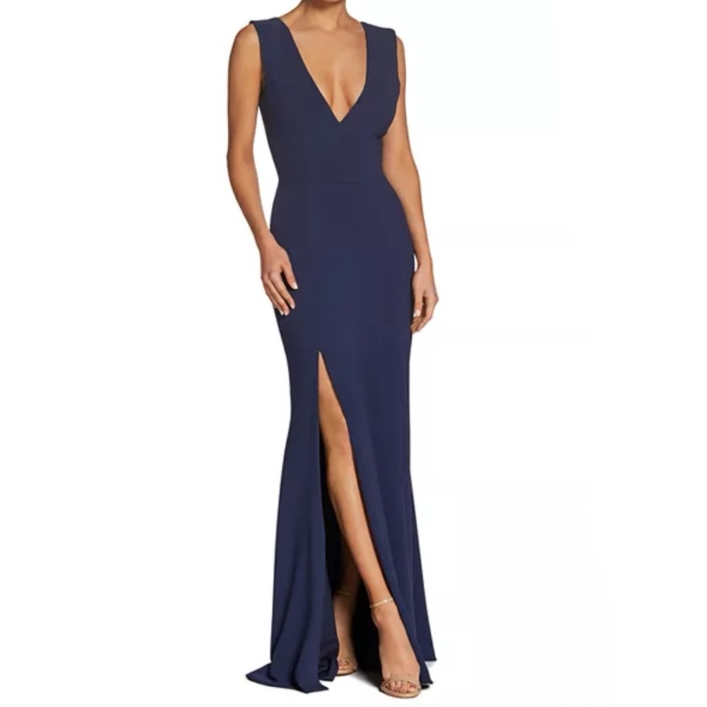 New Dress the Population Sandra Plunge Trumpet Gown in Midnight Blue